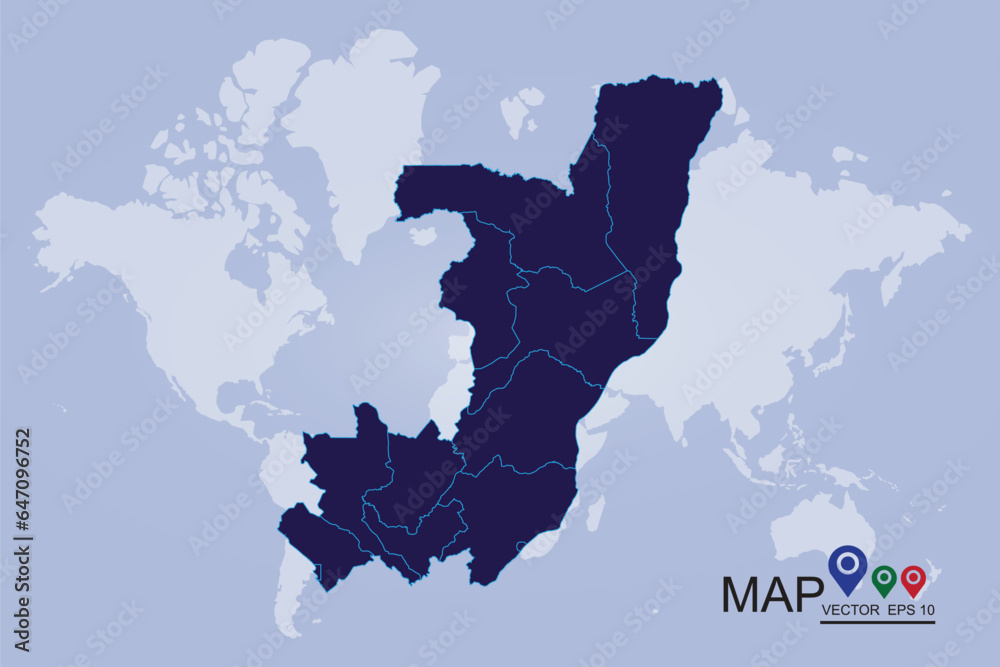 Obraz premium Map of Congo, High detailed blue vector map - Republic of the Congo, congo map - blue pastel graphic background . Vector illustration eps 10.