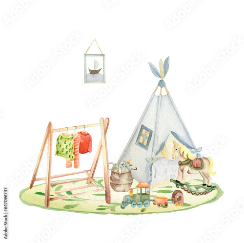 Child room in boho style ore scandinavian style. Design of Child room. 