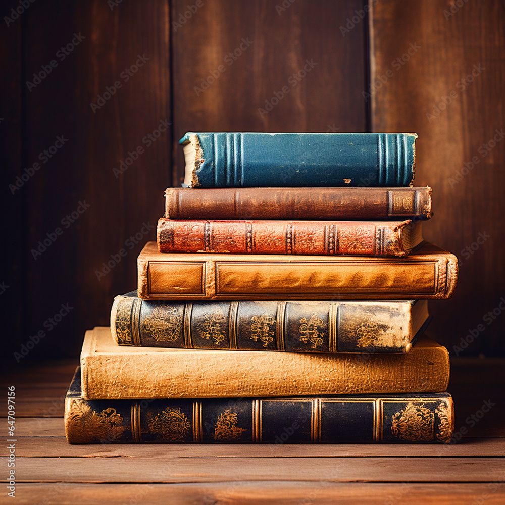 Stack of old books on table - ai generative Stack of old books on table - ai generative