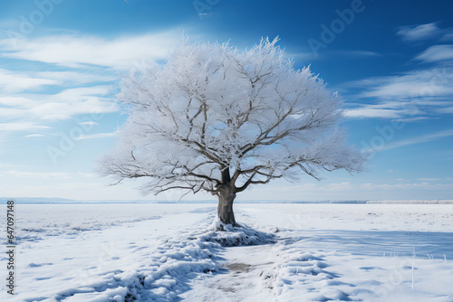 Lone tree in a snow-covered landscape, Generative AI