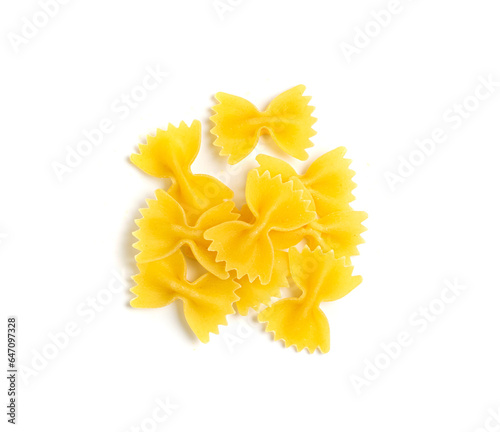 Raw Farfalle Pasta Isolated, Yellow Dry Noodles, Wheat Bow Macaroni, Uncooked Farfalle Top View