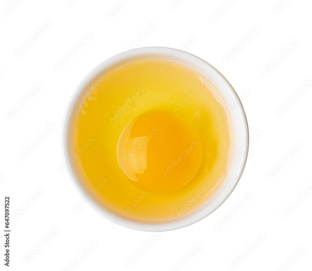 One Broken Egg in Small Bowl, Raw Yolk and White, Fresh Broken Organic Chicken Egg Isolated