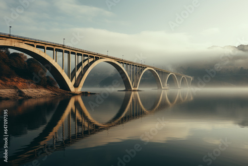 Minimalist bridge spanning a calm river, Generative AI