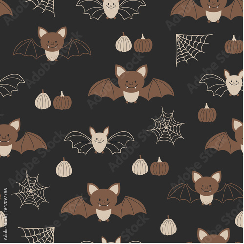 Halloween seamless pattern. Vector illustration of Halloween party. Pumpkins, bats and cobwebs on a black background. Vector cartoon seamless pattern.