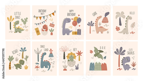 Set of dinosaur cards. Dinosaur vector illustration. Dino lettering quotes, funny phrase. Cute cartoon dinosaurs on a light background. Happy Birthday cards collection with quote.