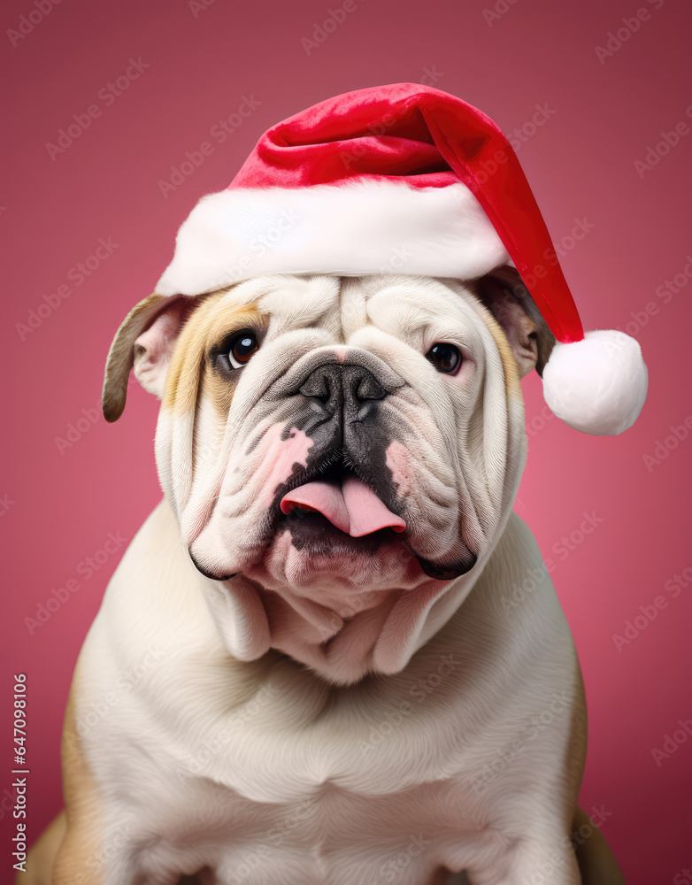 New Year animal concept, a pet during the Christmas winter holidays. The holidays are coming, a dog dressed as Santa brings gifts to good children. New Year animal concept, a pet during the Christmas winter holidays. The holidays are coming, a dog dressed as Santa brings gifts to good children.