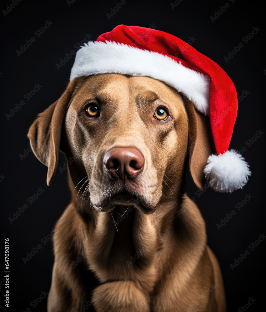 New Year animal concept, a pet during the Christmas winter holidays. The holidays are coming, a dog dressed as Santa brings gifts to good children.