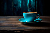 Steaming Blue Coffee Cup on a Dark Wooden Table