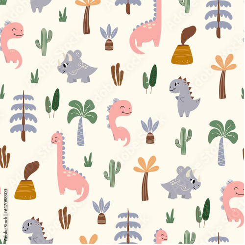 Seamless pattern with dinosaurs  volcanoes and palm trees on a light background. Hand drawn children s pattern for fashion clothes  shirt  fabric. Baby Dinosaur vector illustration.