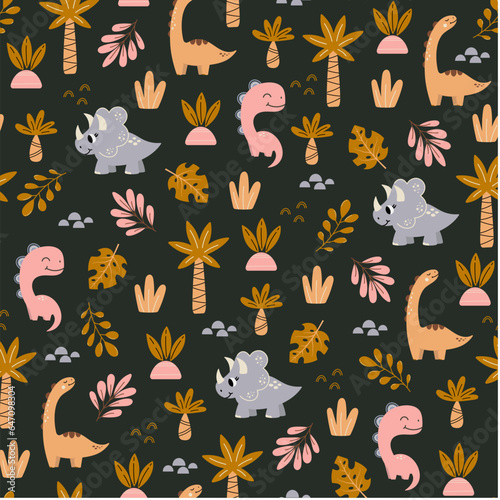 Colorful Childish seamless pattern with dinosaurs and palm trees on a dark background. Hand drawn children's pattern for fashion clothes, shirt, fabric. Baby Dinosaur vector illustration.