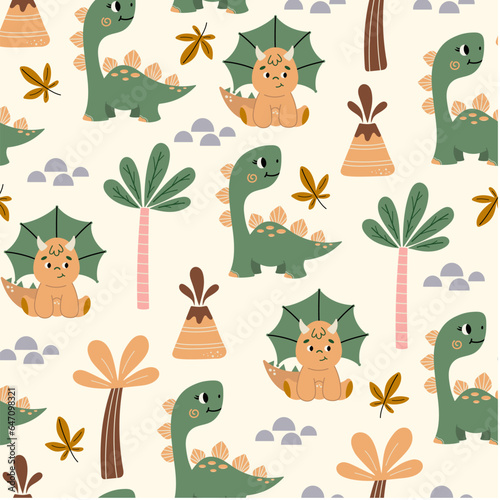Childish seamless pattern with cute dinosaurs  volcanoes and palm trees on a light background. Hand drawn children s pattern for fashion clothes  fabric. Baby Dinosaur vector illustration.
