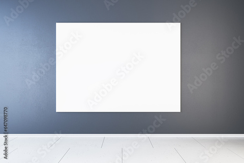 Modern gallery interior with blank white mock up banner on concrete wall. 3D Rendering.