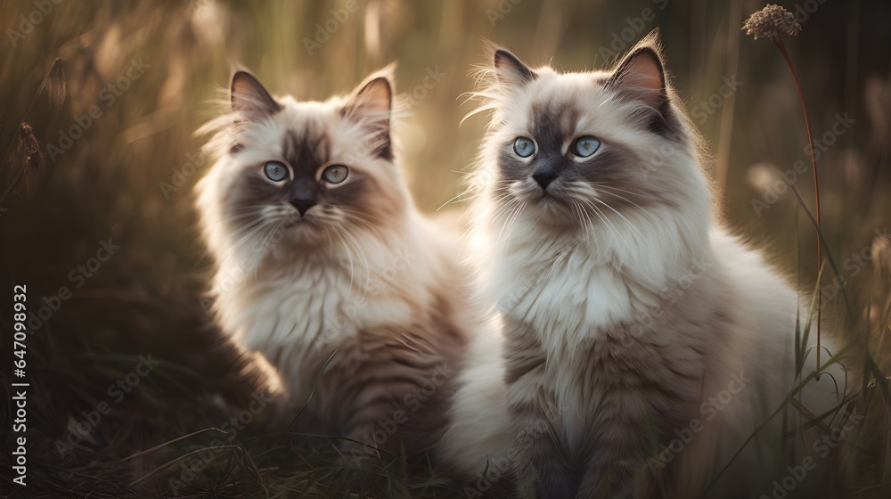 Photo of a beautiful ragdoll kittens sitting on the grass. Created with Generative AI