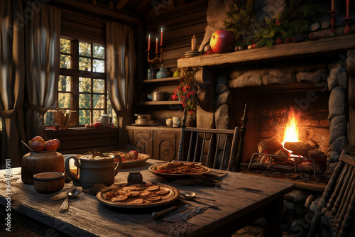 cozy cabin in the woods with a roaring fireplace and a Thanksgiving feast