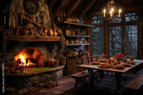 cozy cabin in the woods with a roaring fireplace and a Thanksgiving feast © Nino Lavrenkova