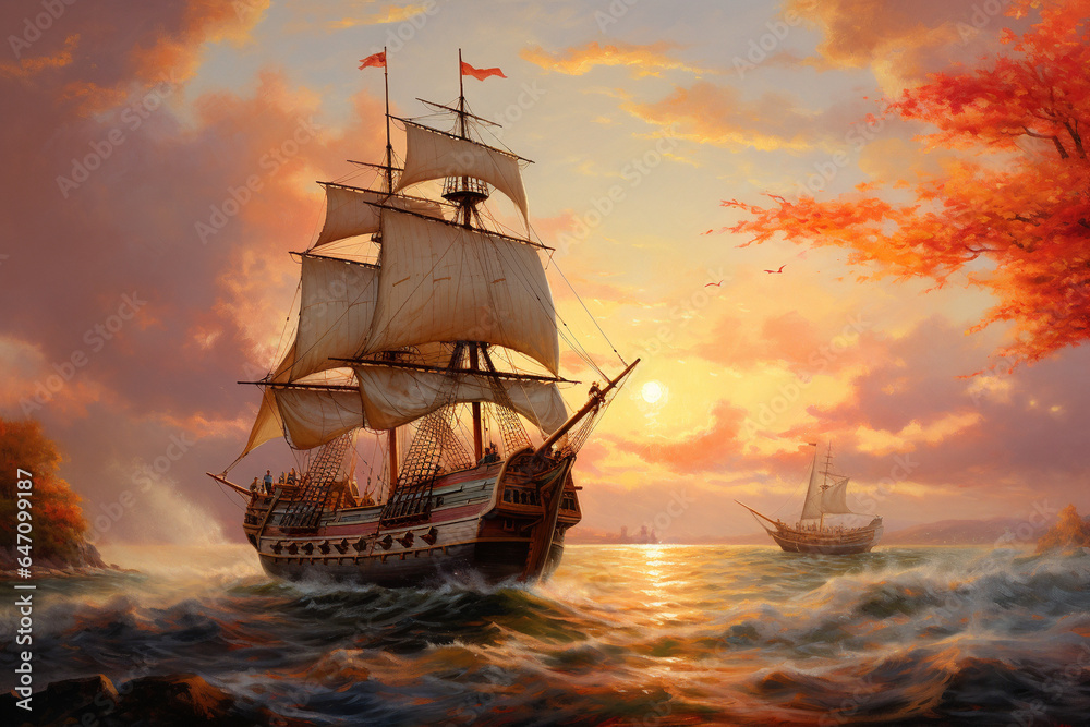 artistic interpretation of the Mayflower's voyage to the New World on the first Thanksgiving. AI generated