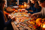 Thanksgiving-themed puzzle night with family members piecing together a festive jigsaw puzzle. AI generated