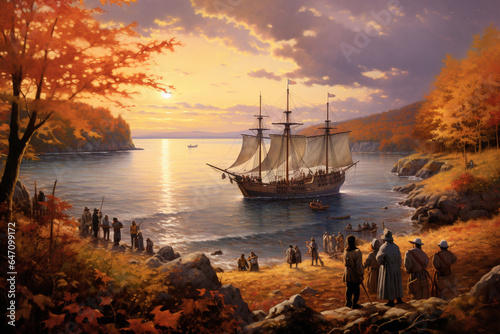 artistic interpretation of the Mayflower's voyage to the New World on the first Thanksgiving. AI generated
