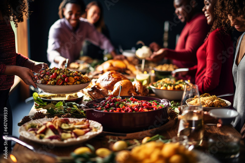 friends enjoying a Thanksgiving potluck dinner with a diverse spread of dishes. AI generated