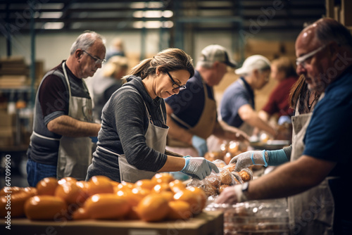 people volunteering at a food bank to help those in need during the Thanksgiving season. AI Generated