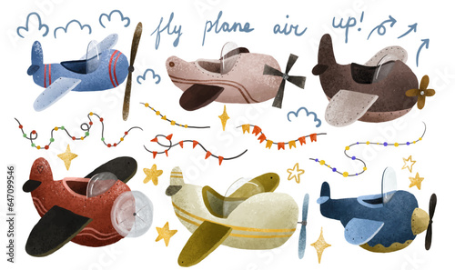 Cartoon air transport. Pane, airplane, airship,  aircraft. Cildren toy planes set. Boy illustration. Decor for nursery, clothes, textile, stickers