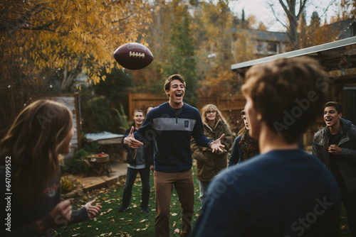 scene of friends and family playing a friendly game of touch football in the backyard on Thanksgiving. AI generated photo