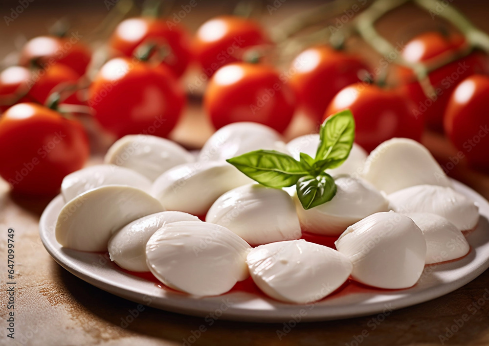 Mozzarella cheese and cherry tomatoes with basil in plate on table.Macro.AI Generative Mozzarella cheese and cherry tomatoes with basil in plate on table.Macro.AI Generative