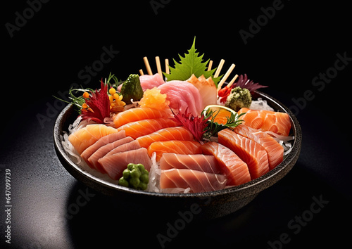 Traditional japanese sashimi raw seafood meal in plate on black background.Macro.AI Generative
