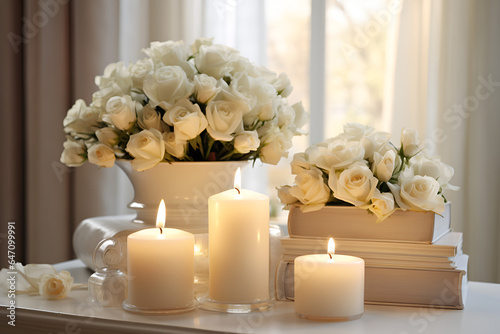 Serene White Roses and Candles on Window Sill