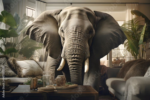 Afrikanischer Elefant auf dem Sofa in einem Wohnzimmer, erstellt mit generativer KI