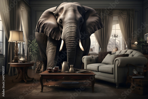 Afrikanischer Elefant auf dem Sofa in einem Wohnzimmer, erstellt mit generativer KI © rawku5