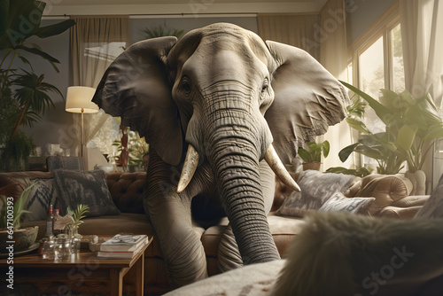 Afrikanischer Elefant auf dem Sofa in einem Wohnzimmer, erstellt mit generativer KI