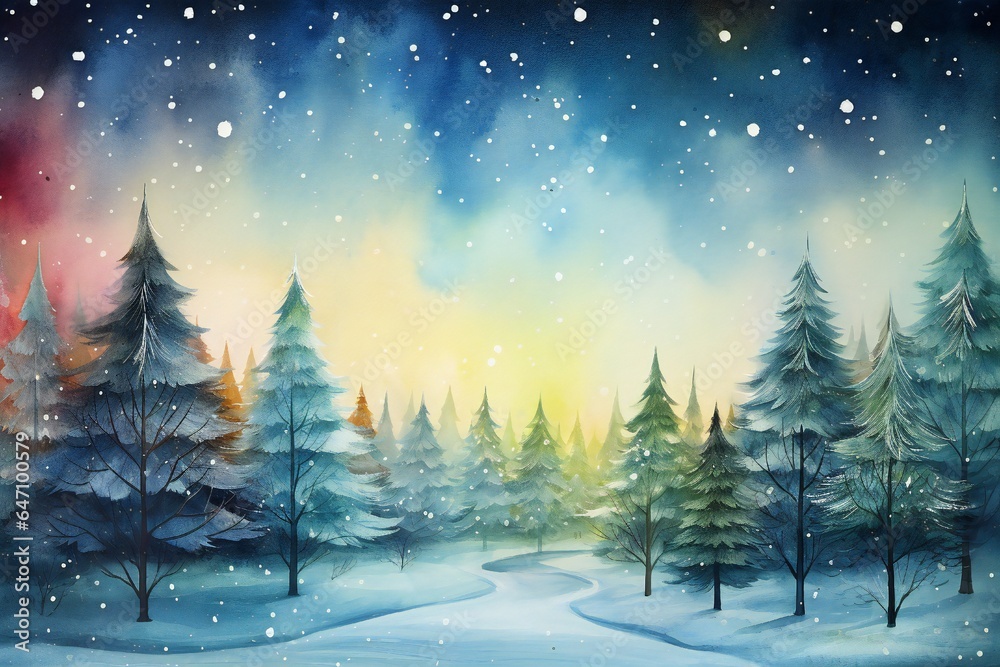 Watercolor magical forest with Christmas trees and glowing bokeh lights Generative AI