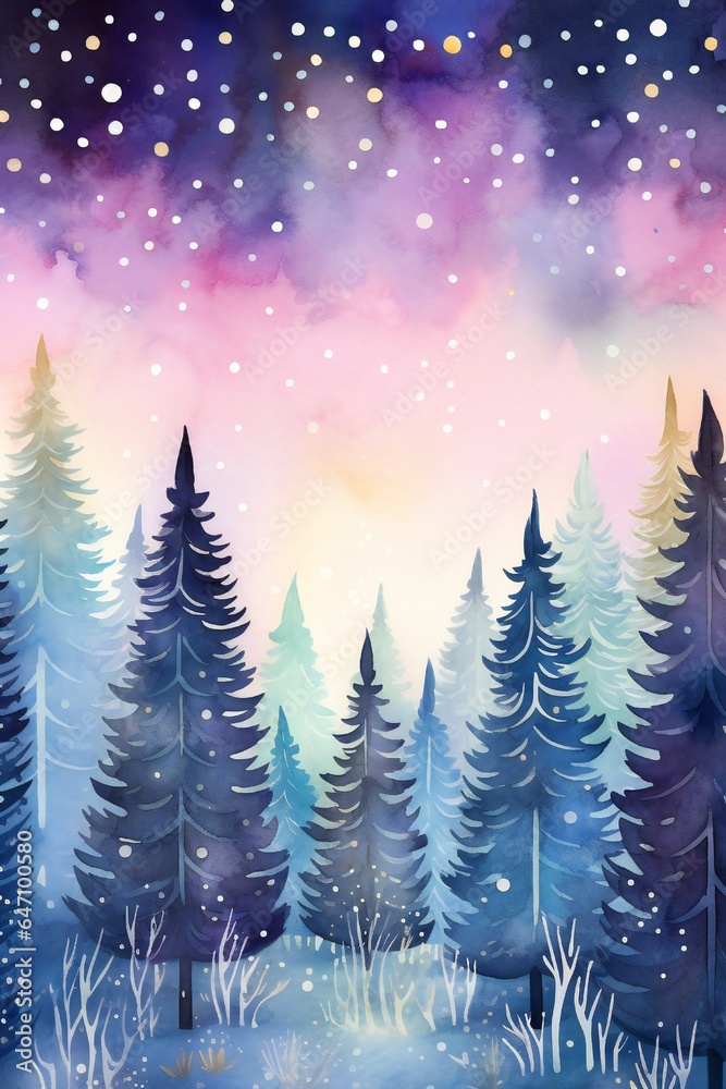 Obraz premium Watercolor magical forest with Christmas trees and glowing bokeh lights Generative AI