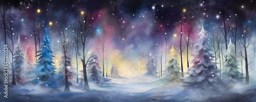 Watercolor magical forest with Christmas trees and glowing bokeh lights Generative AI © LayerAce.com