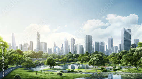 Monochrome Light Gray Cityscape with Park View and Modern Architectural Panorama