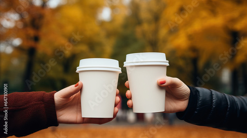 Coffee paper cup mockup, Close up photo of hands holding paper disposable mugs with hot drink, friends drink coffee in autumn park, blank coffee to go mugs with plastic lid, place for design branding