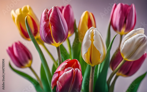 Beautiful colorful tulips, macro view, detailed close-up