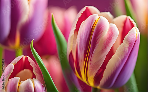 Beautiful colorful tulips. Macro view, focus, close-up. Blurry background.