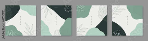 Botanical abstract wall art set. Foliage simple line drawing. Plant shape. Copy space, Text, Social media stories post. Leaf background template. Trendy style design flat vector isolated illustration.