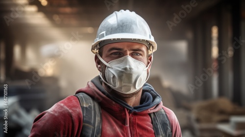 Construction worker wearing safety equipment. Builder works in protective equipment respirator and hard hat. © Pro Hi-Res
