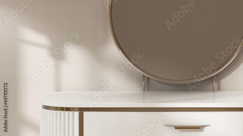 Fényképezés White retro, mid century style dressing table with round vanity mirror, drawer i