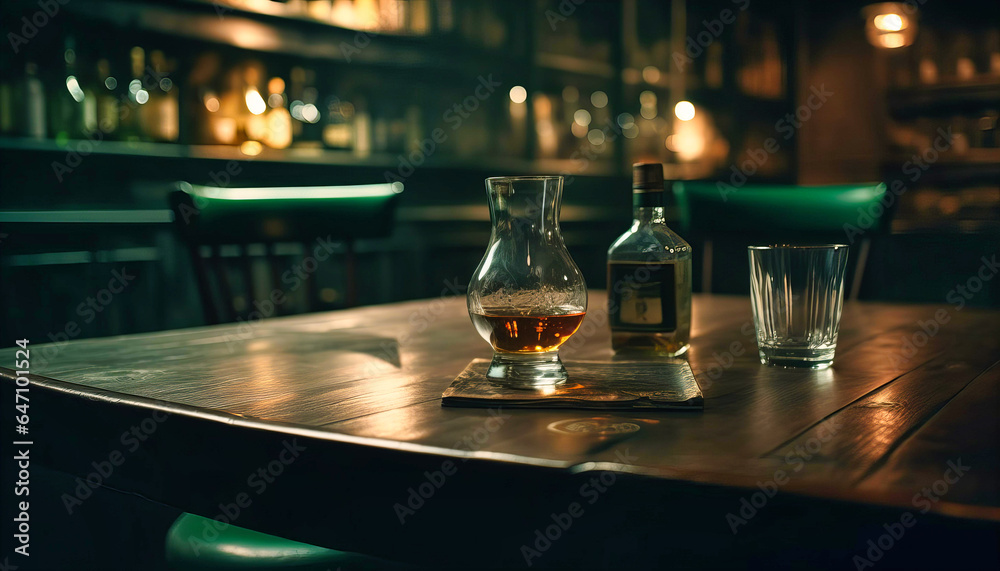 Bar's Ambiance: Wooden Table Amidst Blurry Liquor Bar Setting