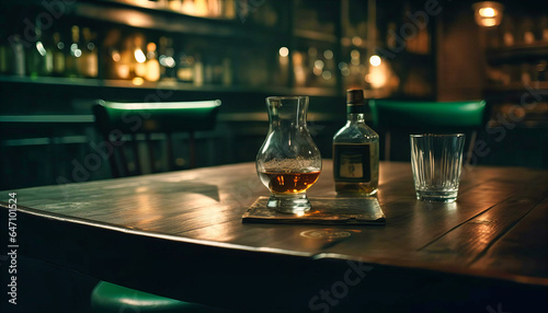 Bar's Ambiance: Wooden Table Amidst Blurry Liquor Bar Setting