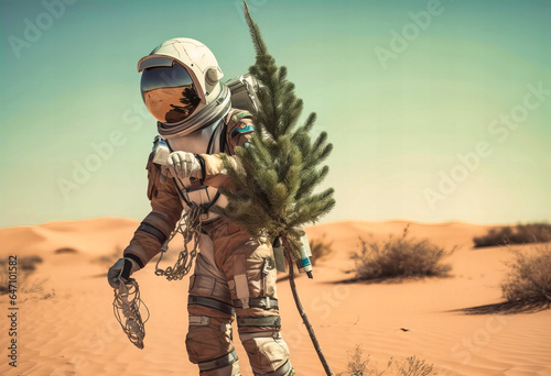 Astronaut Holds Up Christmas Tree in Desert Background - Holiday Wonder