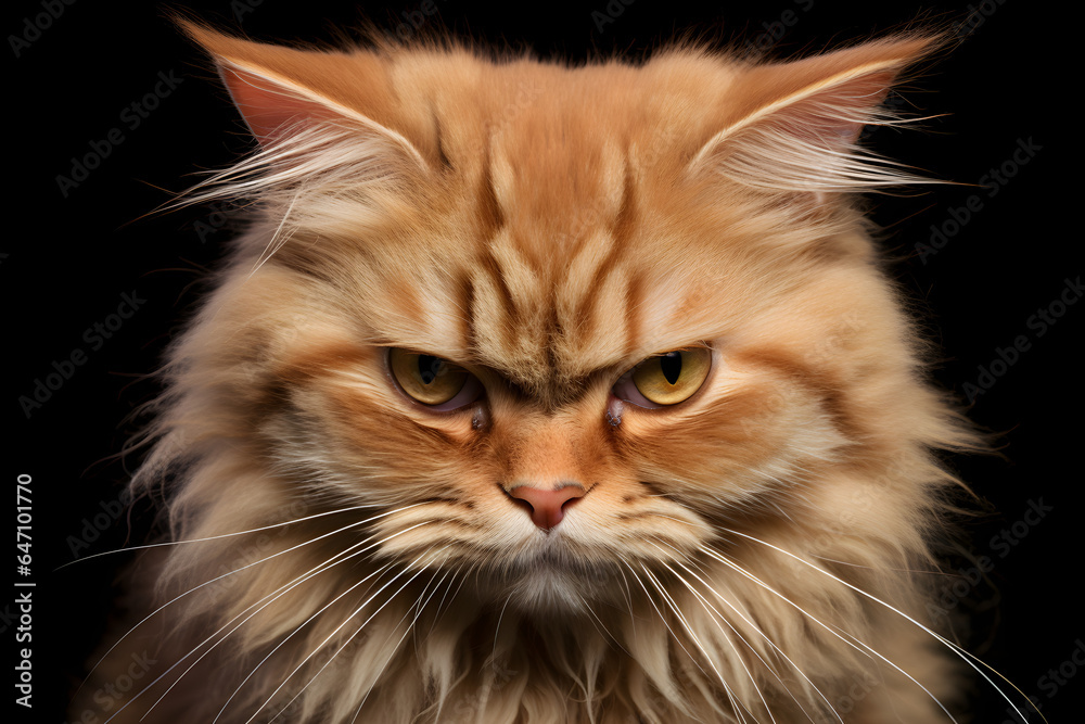 funny studio portrait of an angry ginger cat