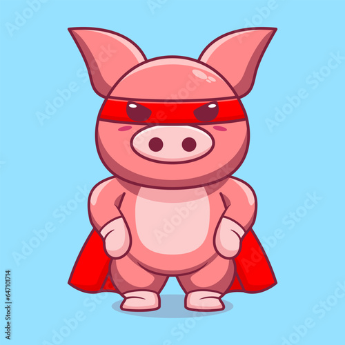 Vector cute pig super hero cartoon vector icon illustration