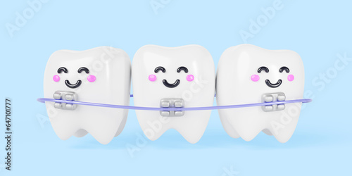 3d render teeth cartoon kawaii characters with metal dental braces. Cute smiling tooth with brackets and steel arch wire for orthodontic treatment and correction on blue background. 3D illustration