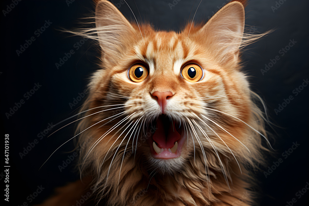 funny studio portrait of a ginger cat with mouth wide open