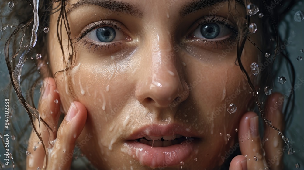 Face wash, A young woman in the shower, close-up face, generative ai